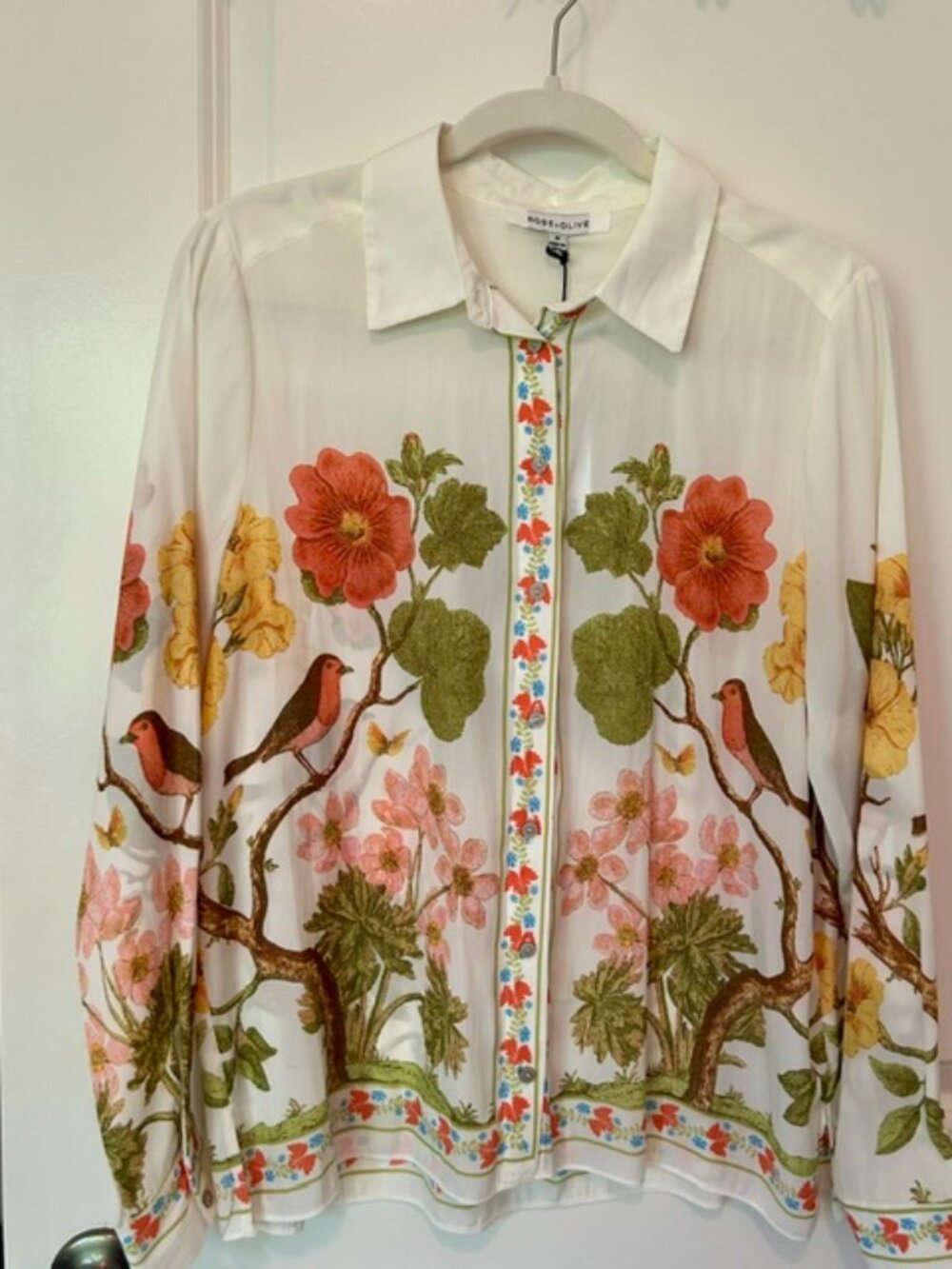 Rose + Olive Bird Floral Blouse NWT Cottagecore Button Up Sz M